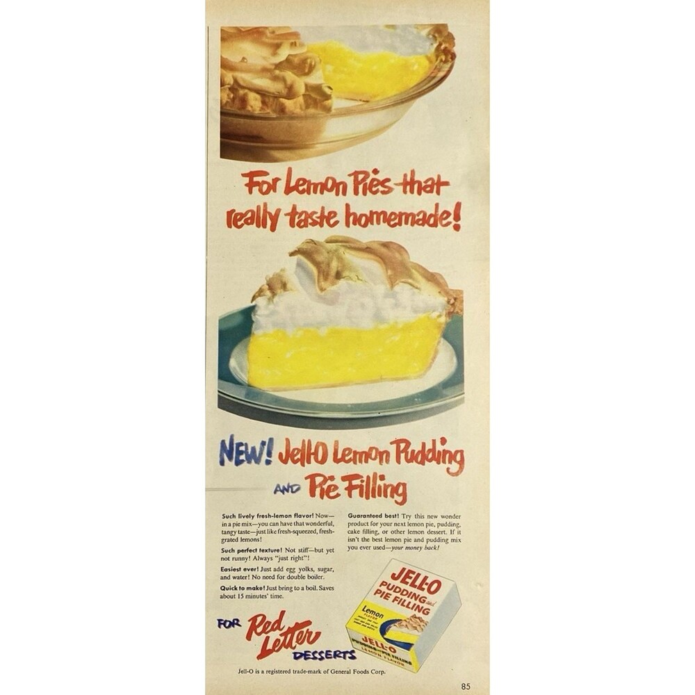 Jello Pudding & Pie Filling "For Lemon Pies that Taste Homemade" Print Ad 1951